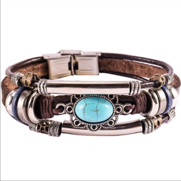 Vintage style bohemian turquoise leather bracelet - Picture 3 of 7